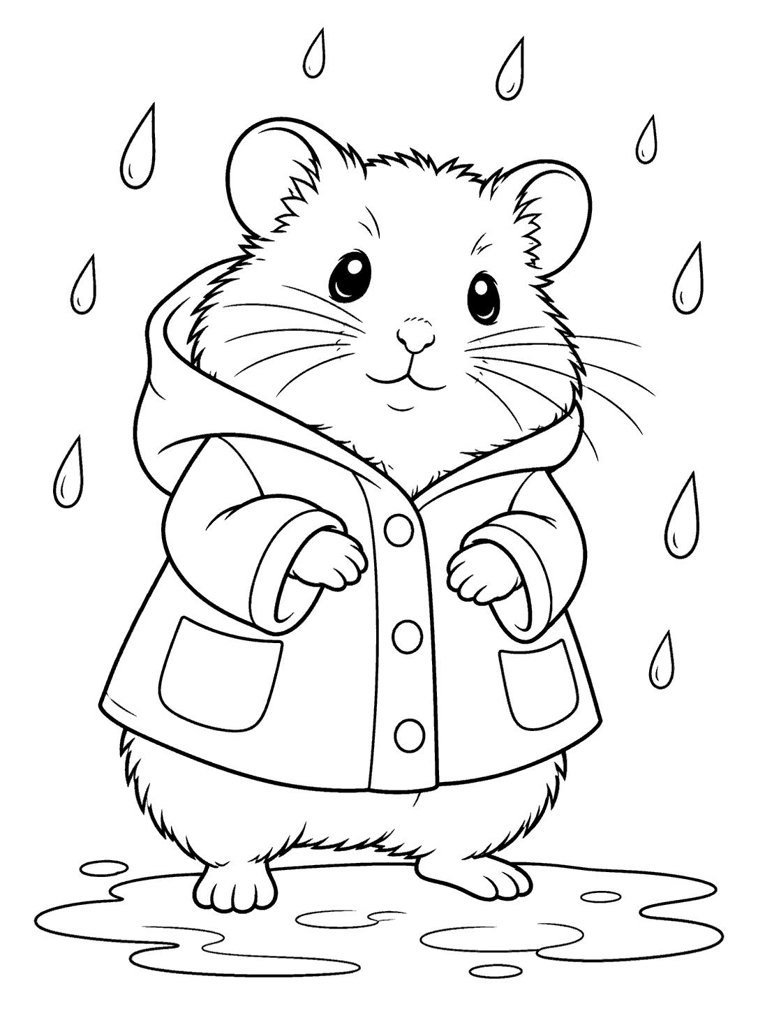 Black-outline coloring page of an upright hamster in a raincoat standing in a puddle beneath falling raindrops