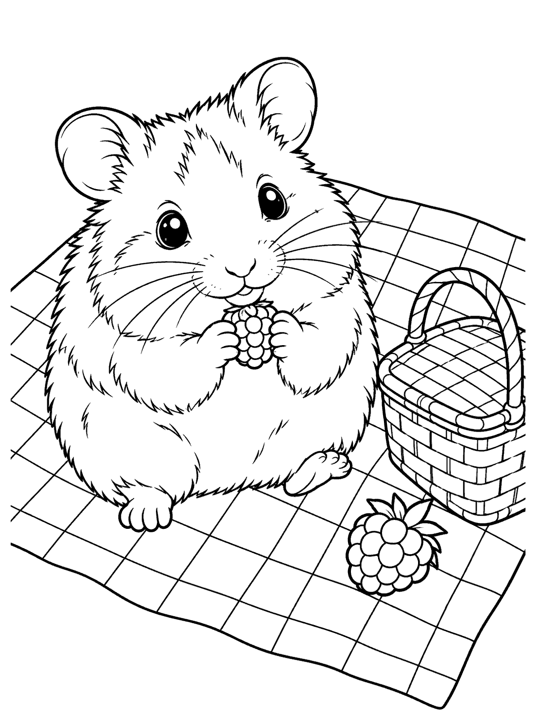 Seated hamster holding a berry beside a picnic basket on a checkered blanket coloring page