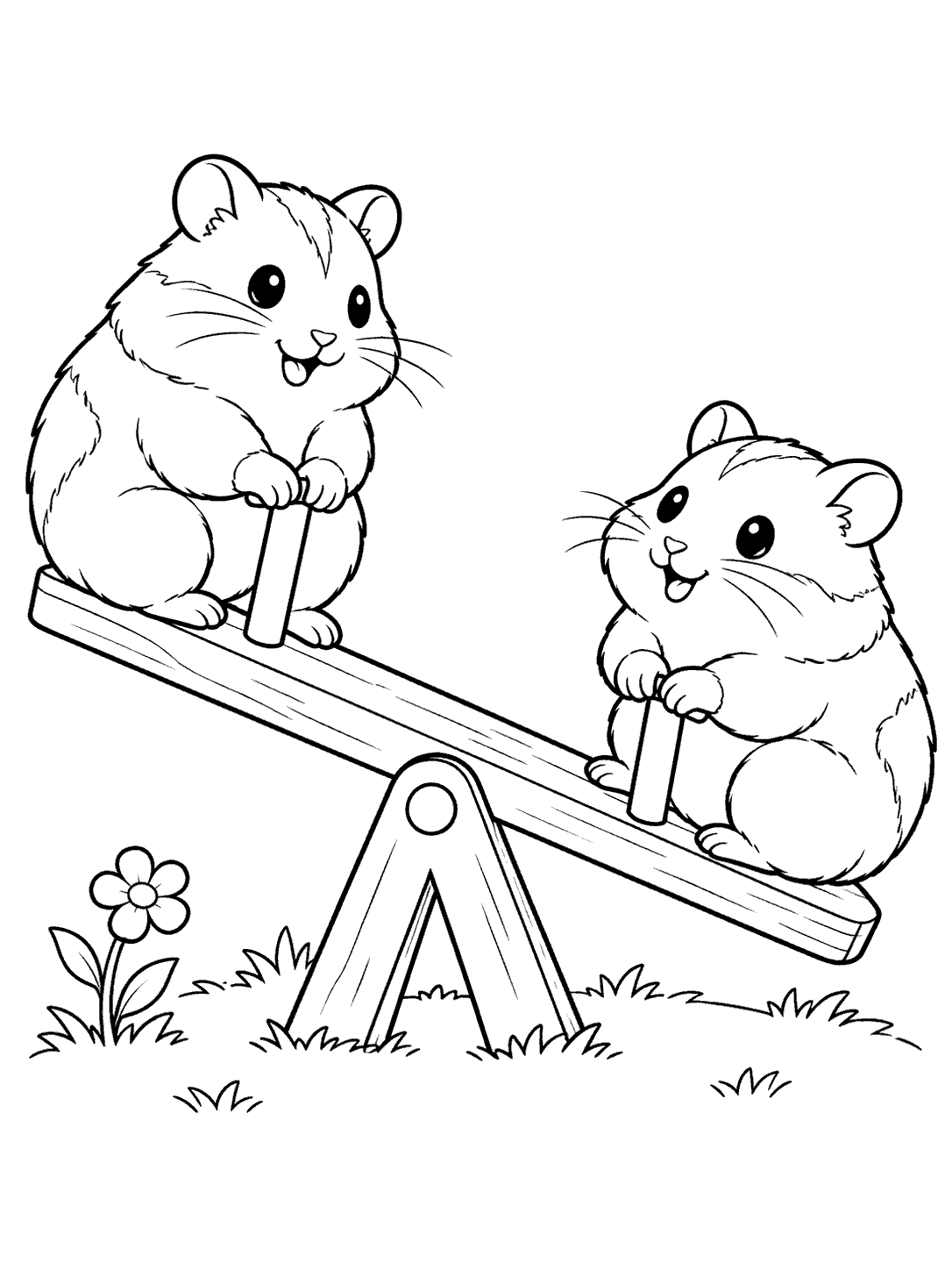 Two hamsters playing on a seesaw coloring page