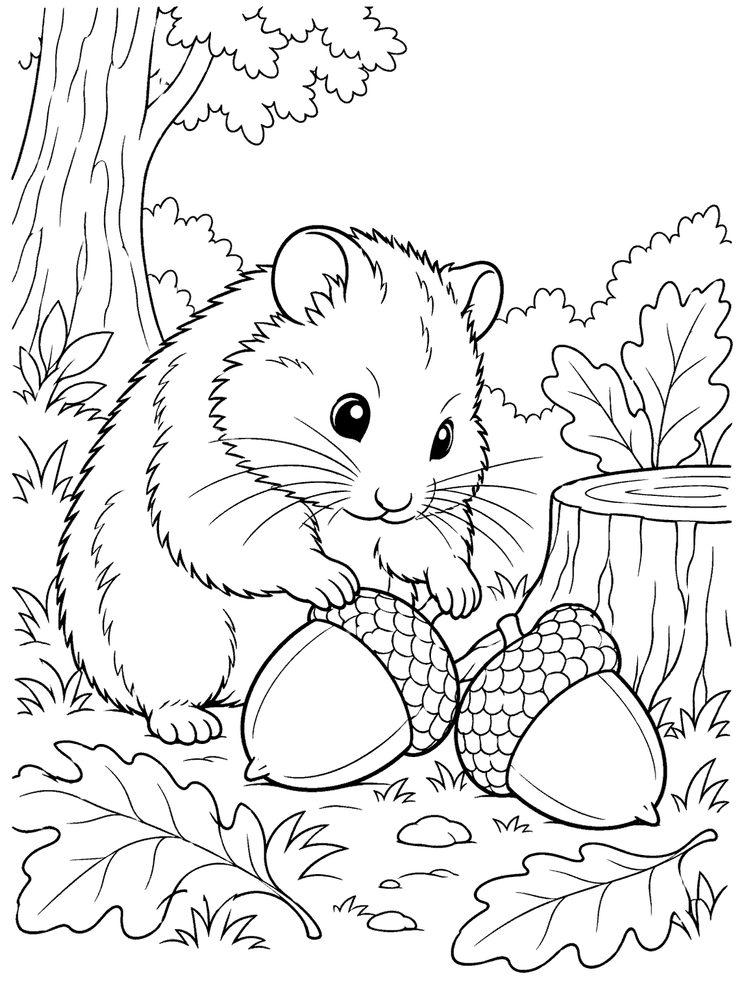 Hamster inspecting two acorns beside a woodland stump on a coloring page