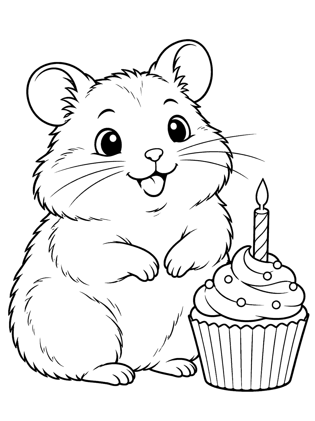 Black-outline coloring page of a smiling hamster beside a cupcake with a single candle