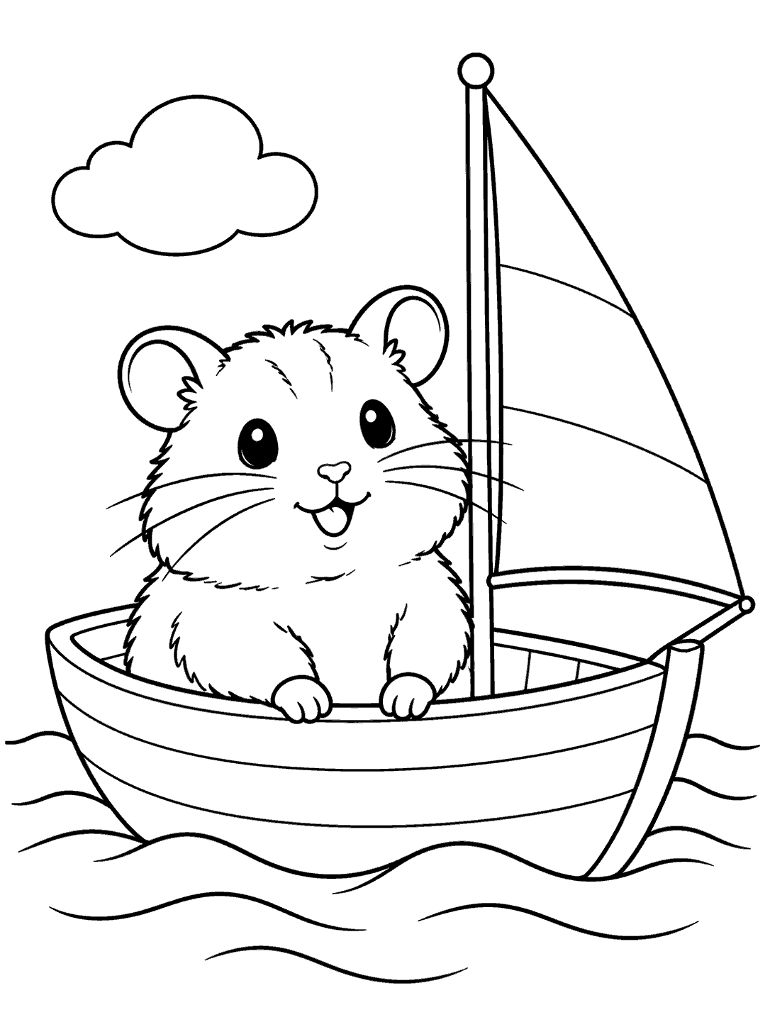 Hamster sitting in a toy sailboat on pond waves beneath one cloud, black-outline coloring page