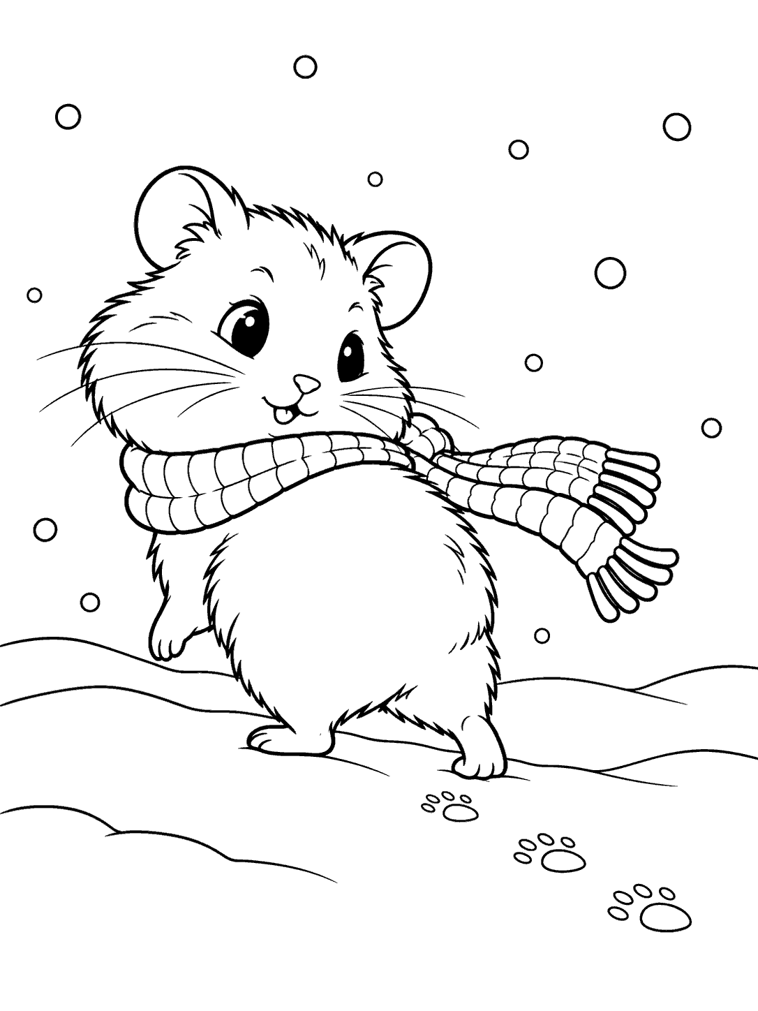 Hamster in a knitted scarf walking through snow past tiny pawprints coloring page