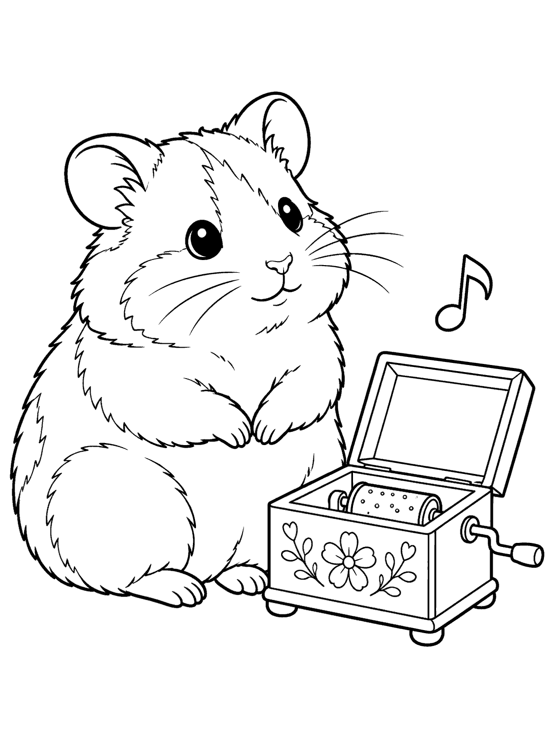 Seated hamster listening beside a flower-decorated open music box with one music note above it, in a black-outline coloring page.