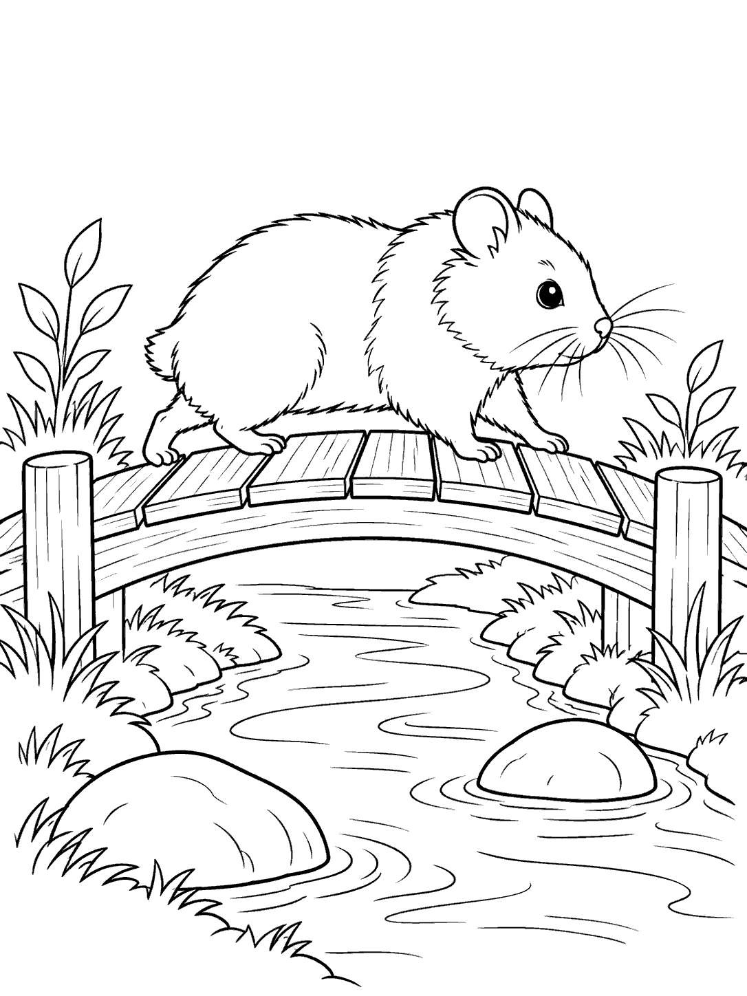 Black-outline coloring page of a hamster crossing a wooden footbridge over a stream with stones and plants.