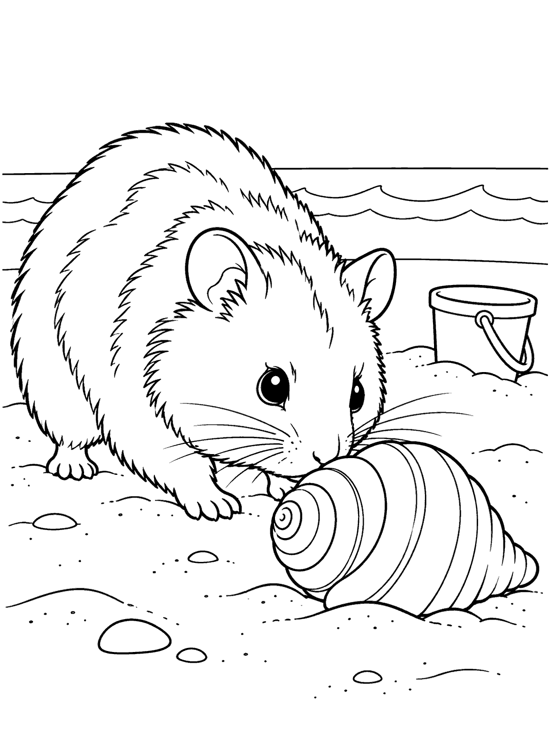 Black-outline coloring page of a hamster examining a spiral seashell beside a sand pail, with simple waves in the distance.