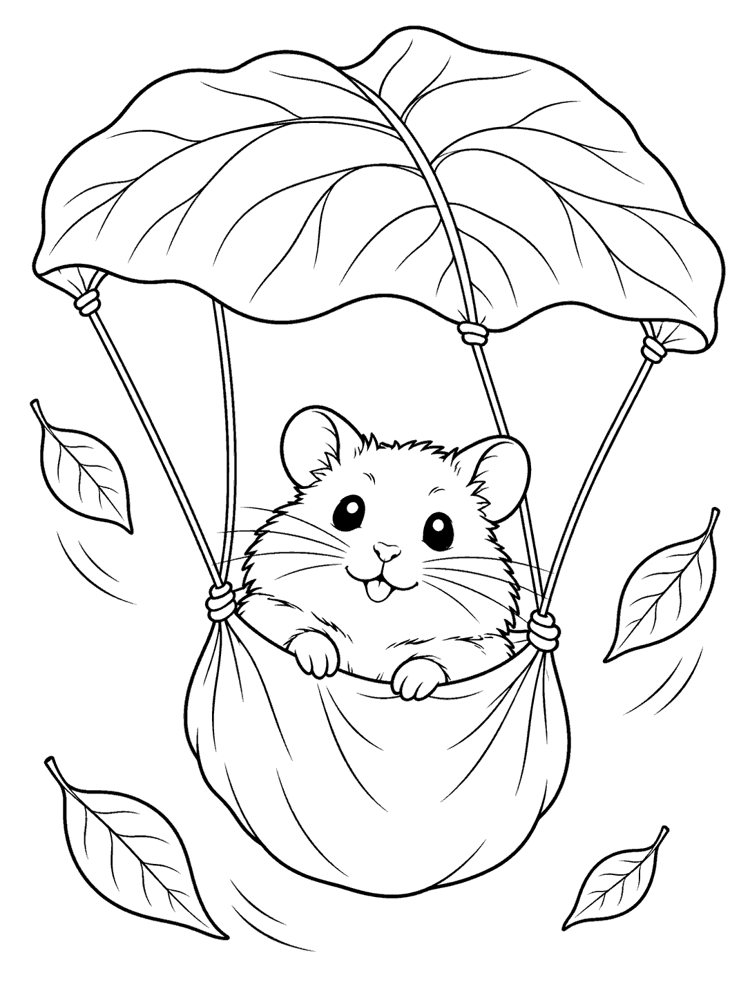 Black-outline coloring page of a hamster riding in a fabric pouch beneath a broad leaf parachute, surrounded by floating leaves.