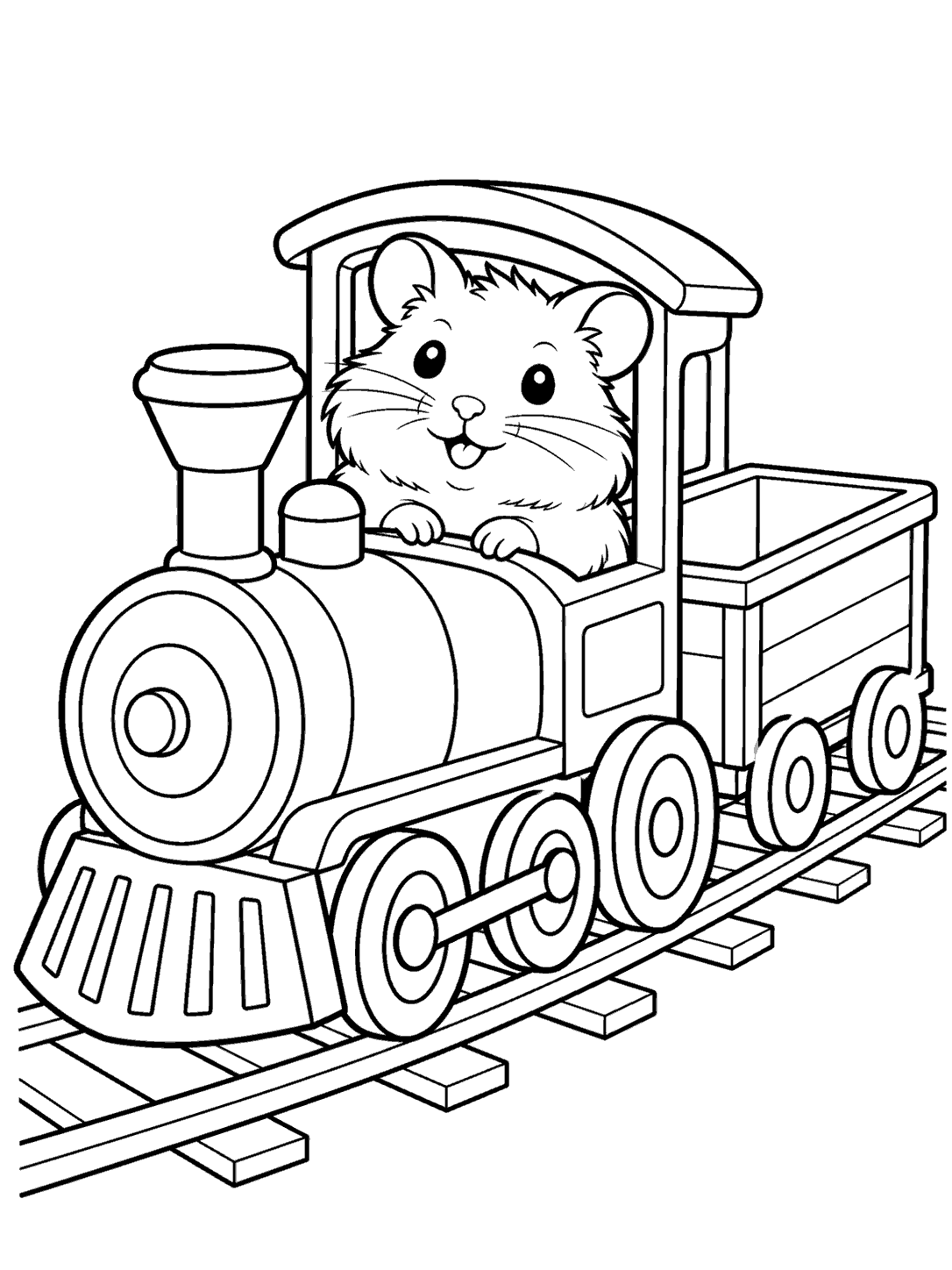 Hamster riding a toy train coloring page