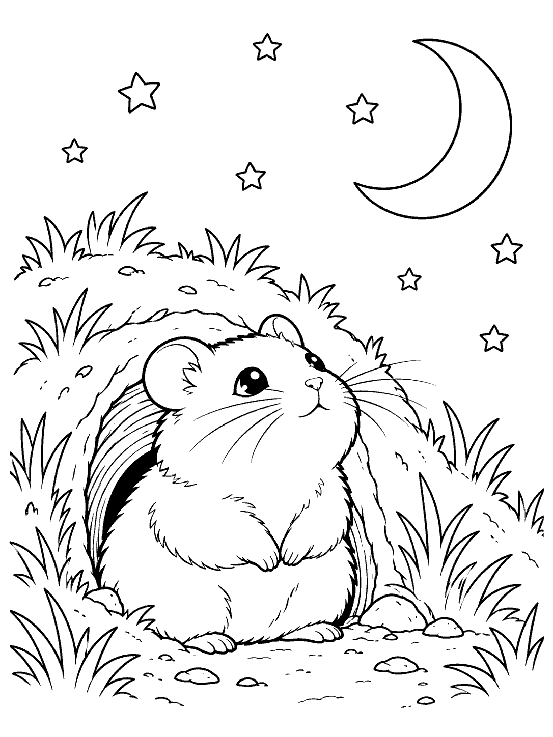 Black-outline hamster sitting at a grassy burrow entrance beneath a crescent moon and stars coloring page