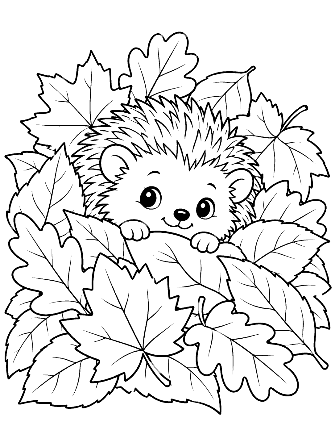 Black-outline coloring page of a smiling hedgehog peeking over a pile of large fallen leaves on a white background.