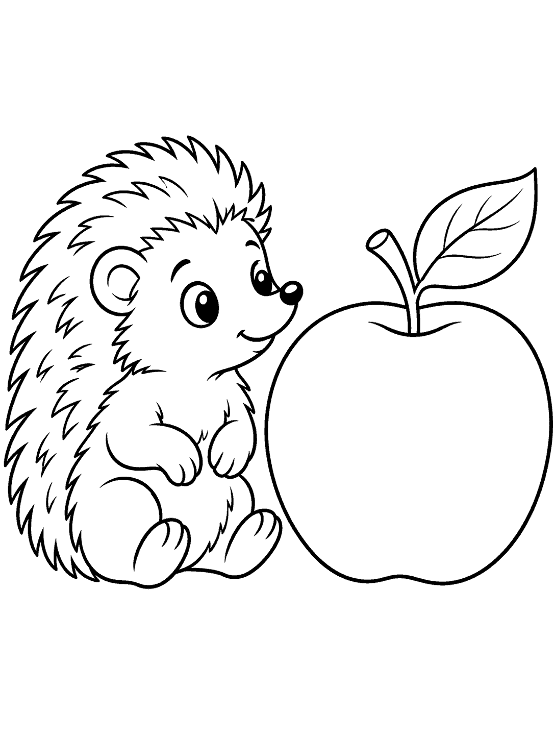 Black outline coloring page showing a seated hedgehog beside a large apple with one leaf.