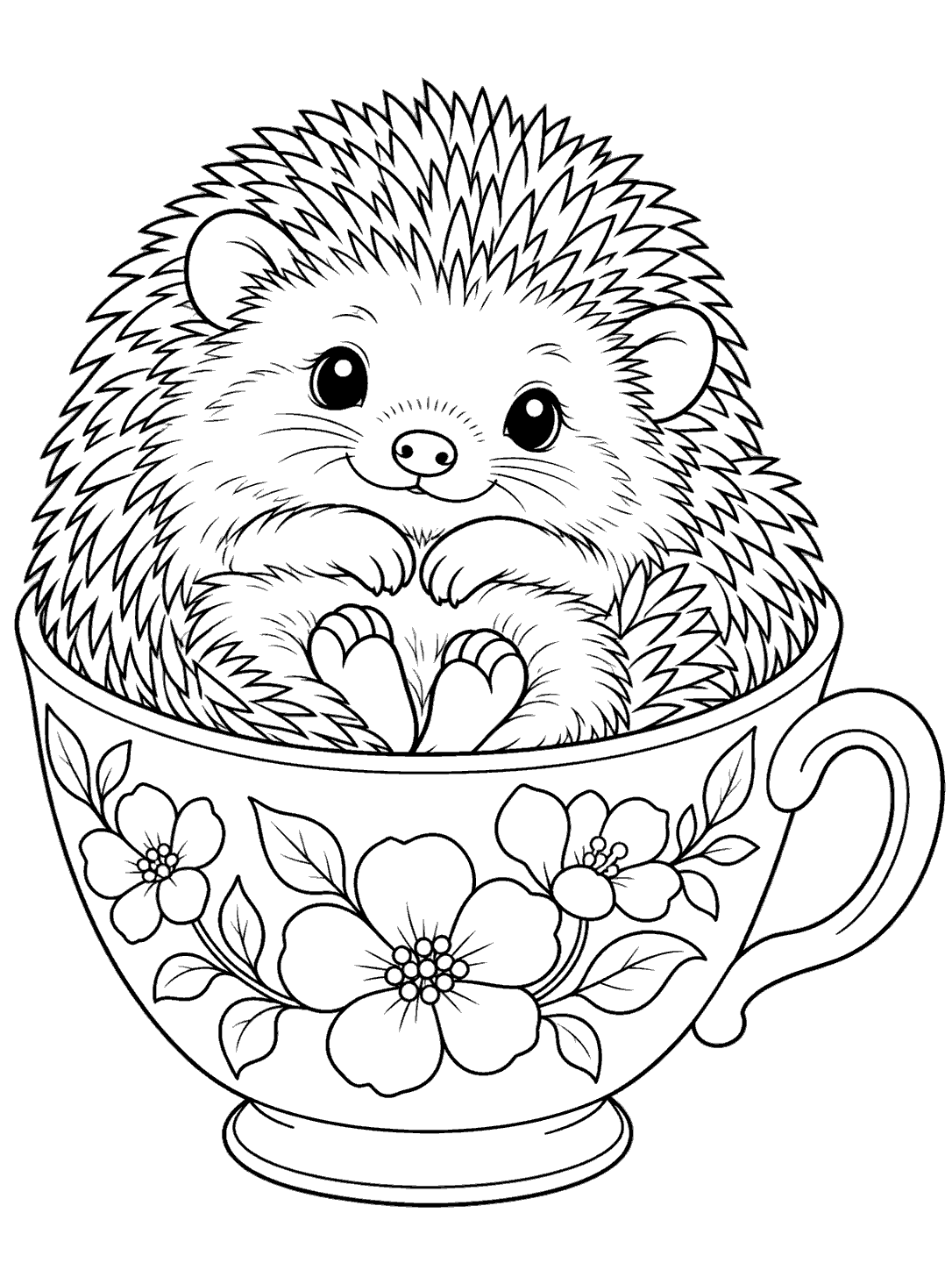 Hedgehog nestled in a floral teacup coloring page