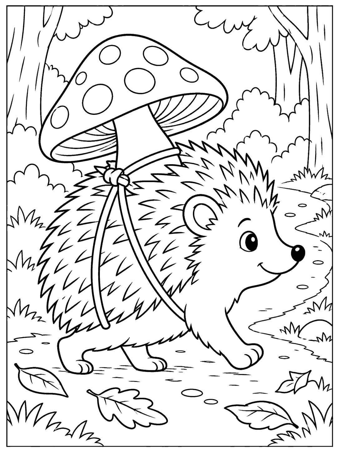 Black-and-white coloring page of a hedgehog carrying a large spotted mushroom along a woodland path, with leaves and trees.