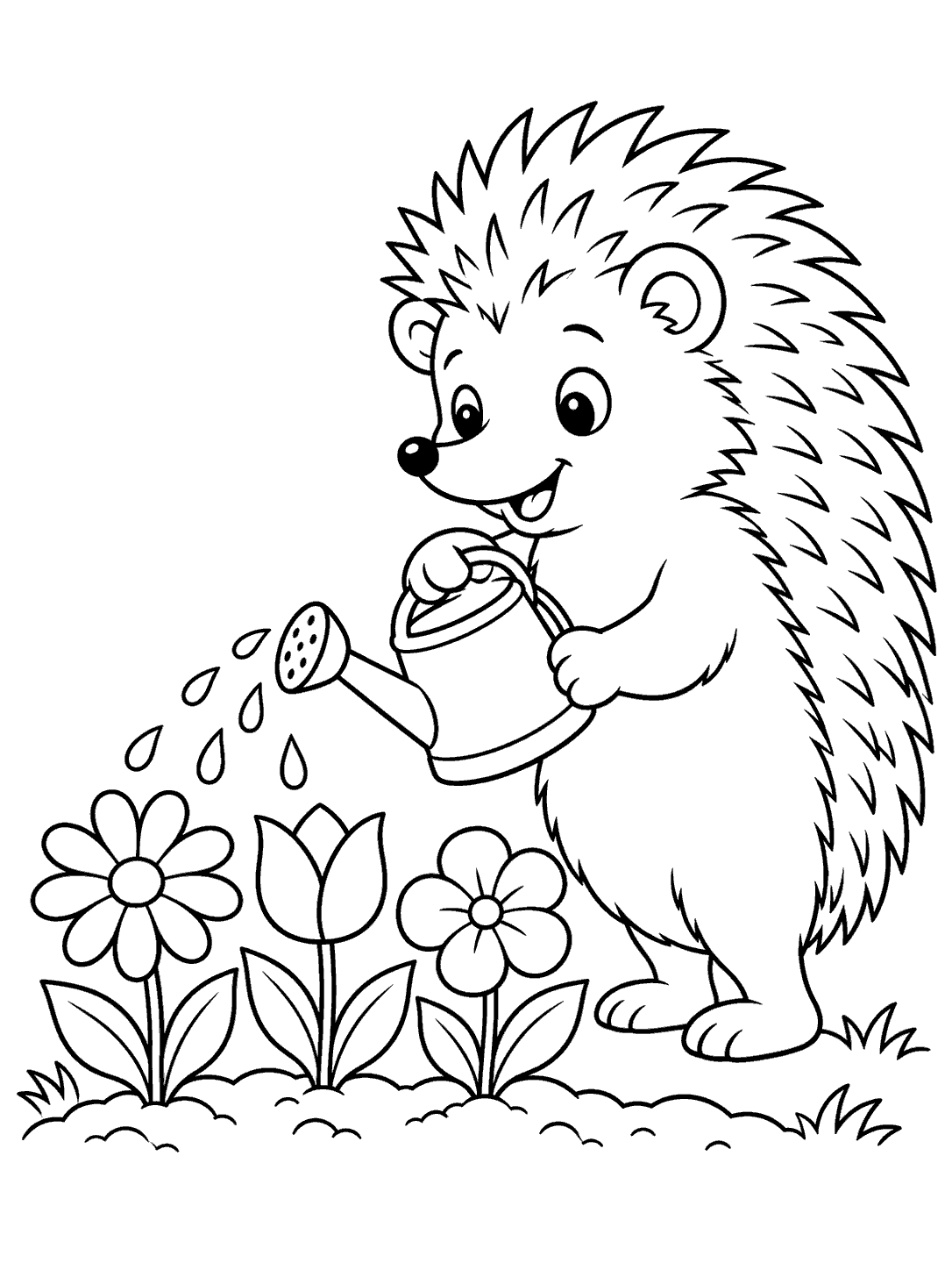 Black-and-white hedgehog gardener holding a watering can over three flowers, coloring page