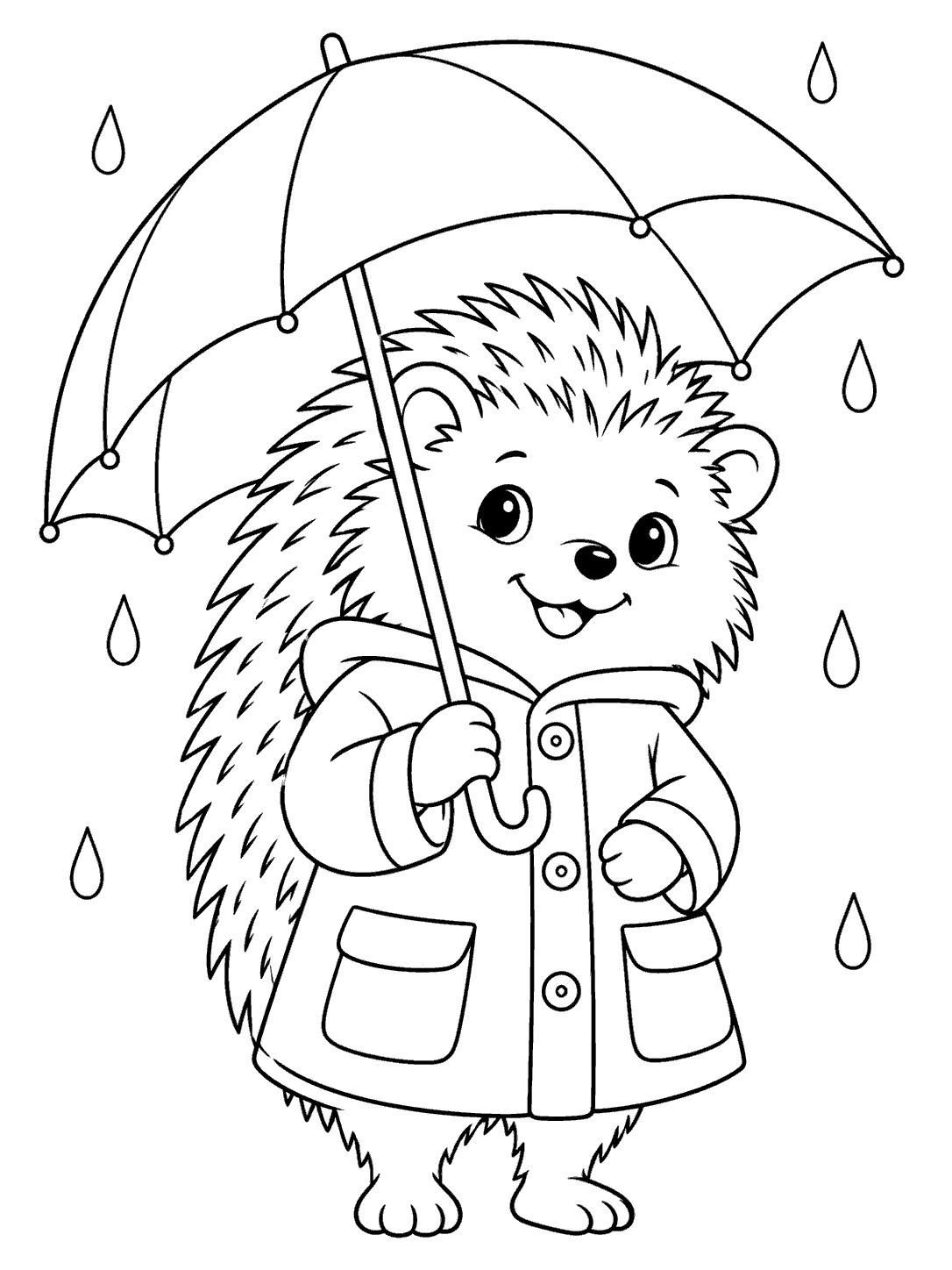 Black-and-white coloring page of an upright hedgehog wearing a raincoat and holding a paneled umbrella, with raindrops around it.