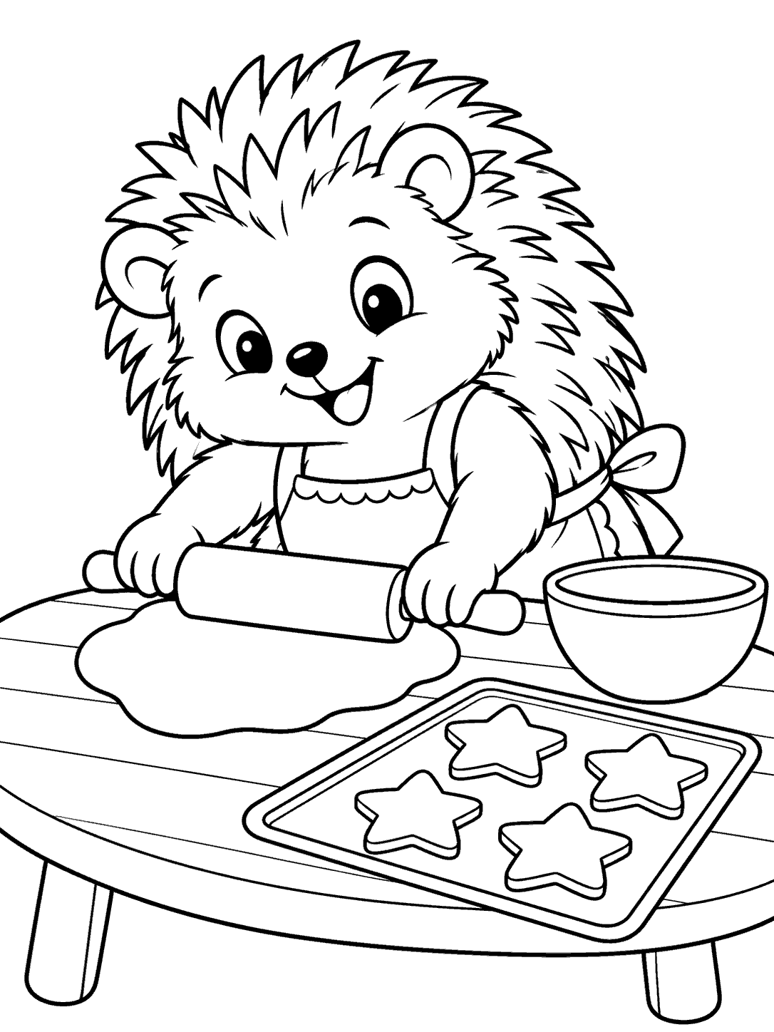 Black-and-white hedgehog coloring page showing an apron-wearing hedgehog rolling dough at a low table, with a bowl and four star cookies on a tray.