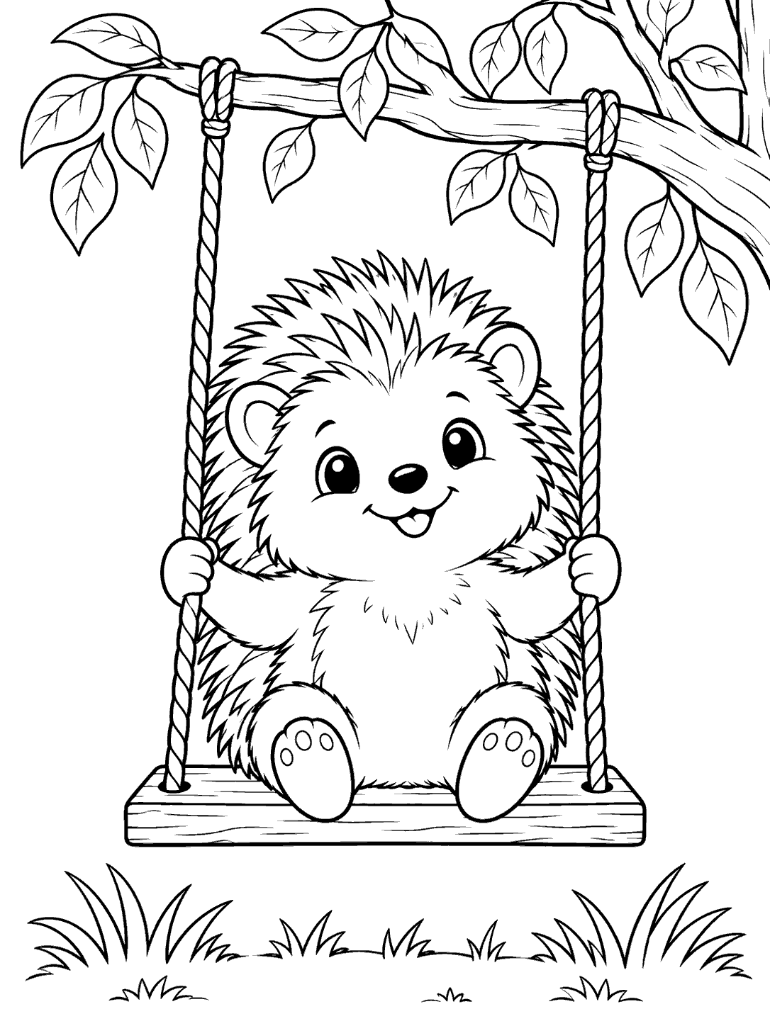 Smiling hedgehog holding the ropes of a plank swing beneath a leafy branch, with grass along the bottom of the coloring page.