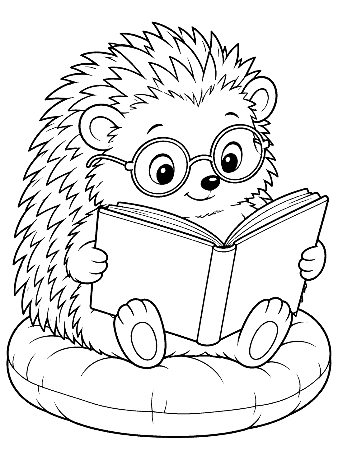 Black-and-white hedgehog reading a book coloring page