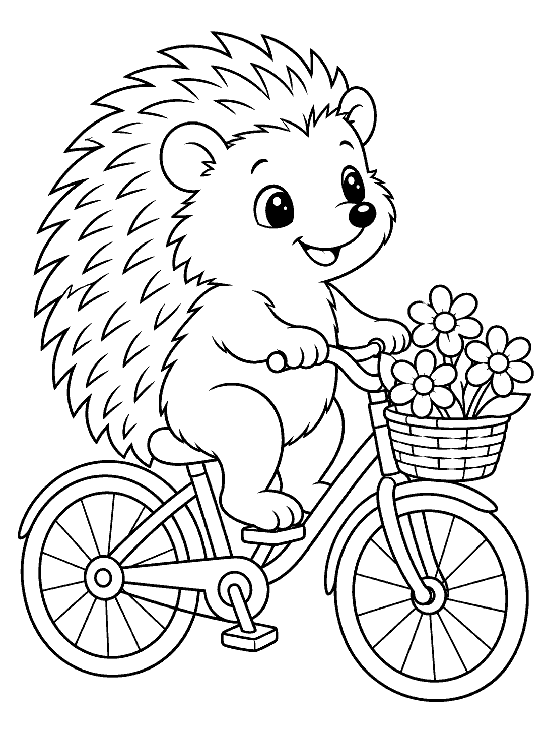 Black-outline coloring page of a smiling hedgehog riding a bicycle with three flowers in its front basket.