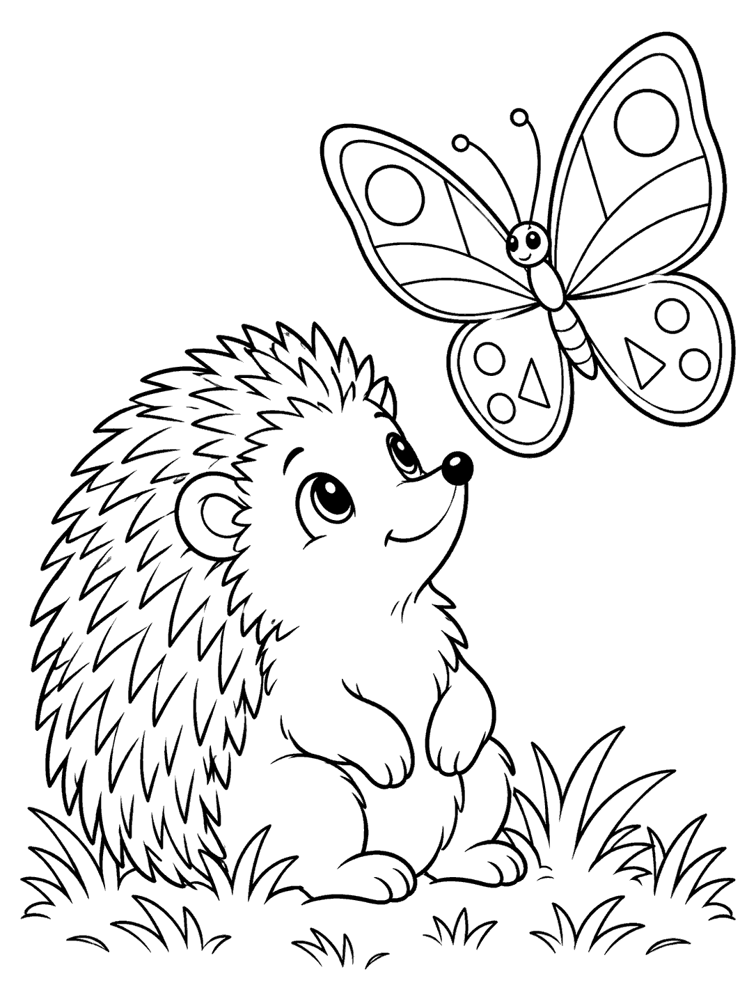A seated hedgehog on a patch of grass looks up at a large four-winged butterfly with geometric patterns.