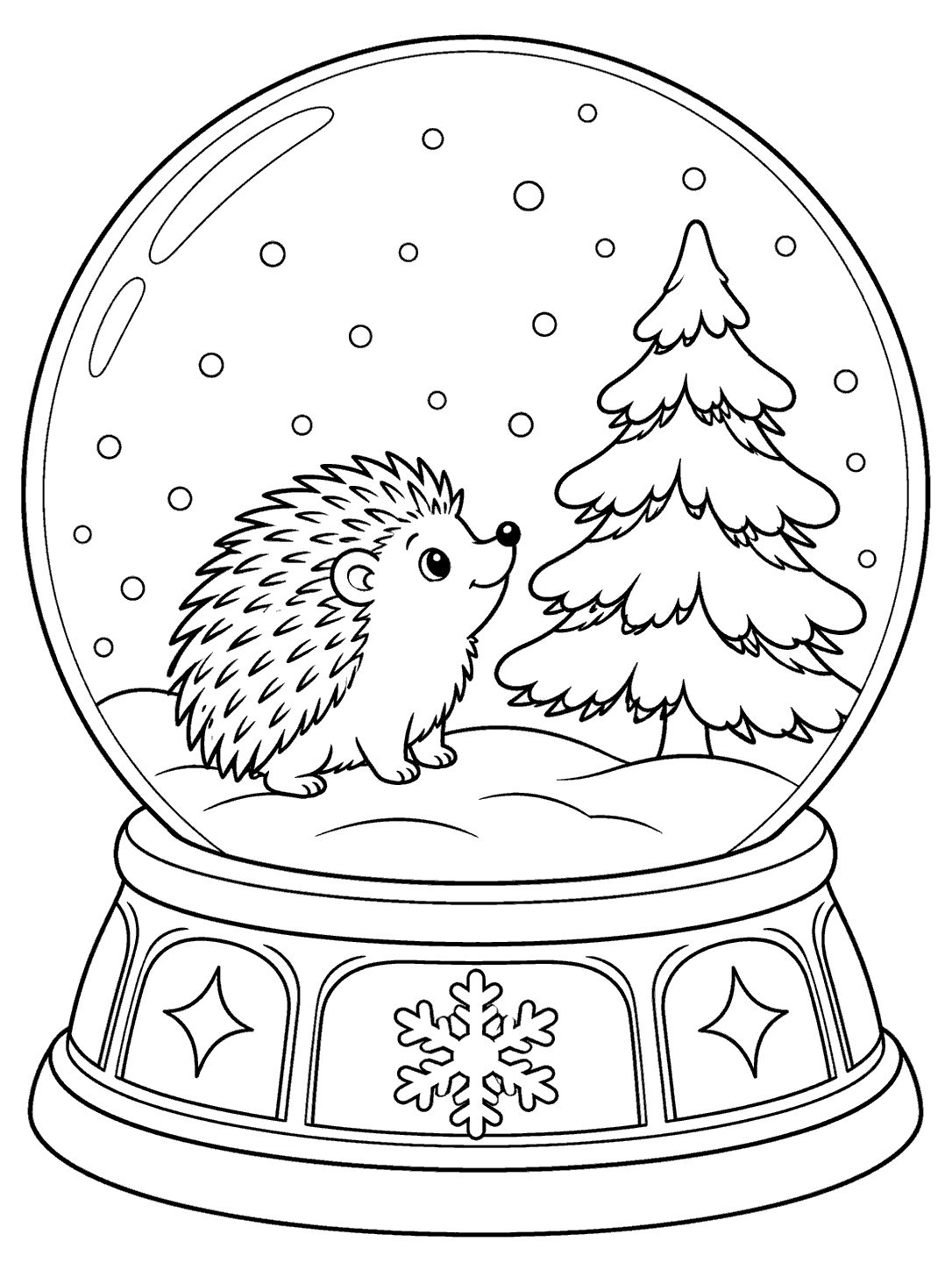 Black-and-white hedgehog and snow-covered fir tree inside a decorative snow globe coloring page.