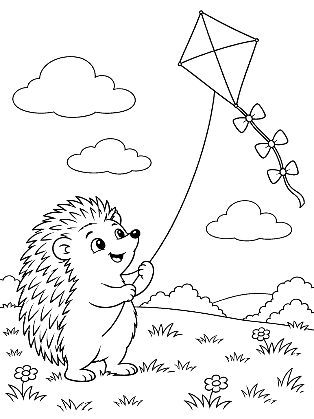 Black-outline coloring page of a hedgehog holding a curved kite string beneath a diamond kite with three bows on its tail, in a meadow with clouds and flowers.