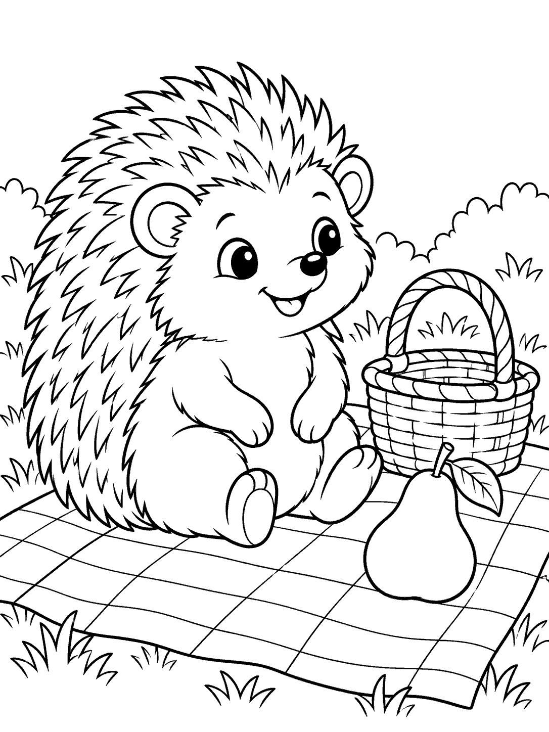 Hedgehog sitting beside a picnic basket and pear on a checked blanket coloring page