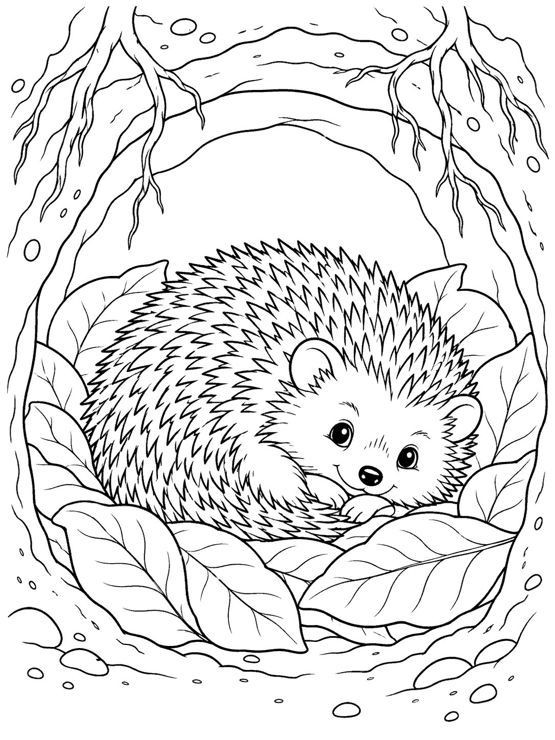 Black-and-white coloring page showing a curled hedgehog resting on leaves in a rounded burrow, with roots arching above.