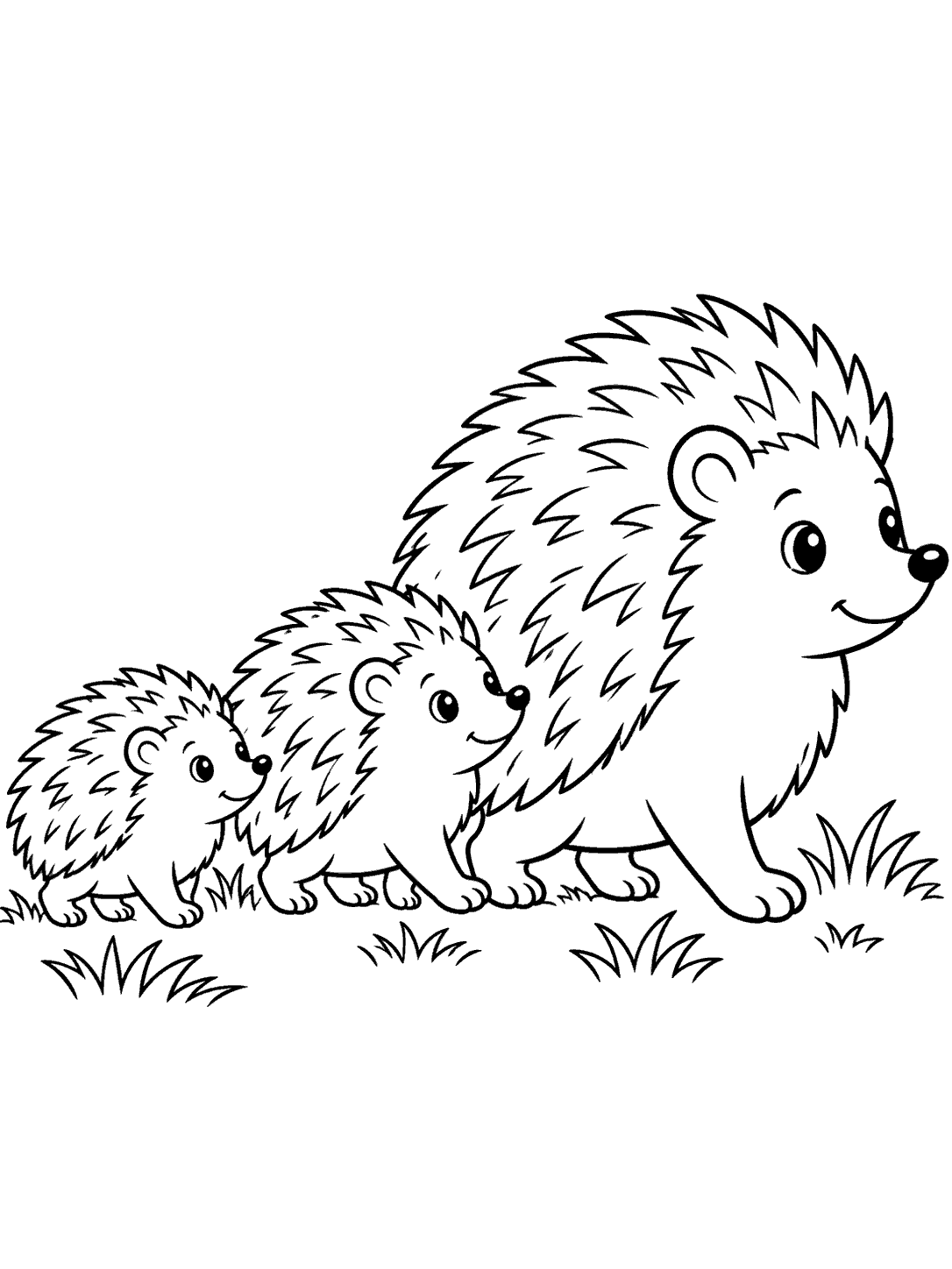 Black-and-white coloring page showing one adult hedgehog and two young following in a line through grass.