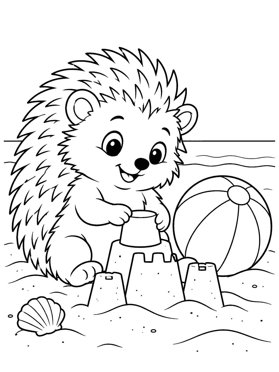 Black-and-white hedgehog beach coloring page with a sandcastle, beach ball, shell, and low horizon.
