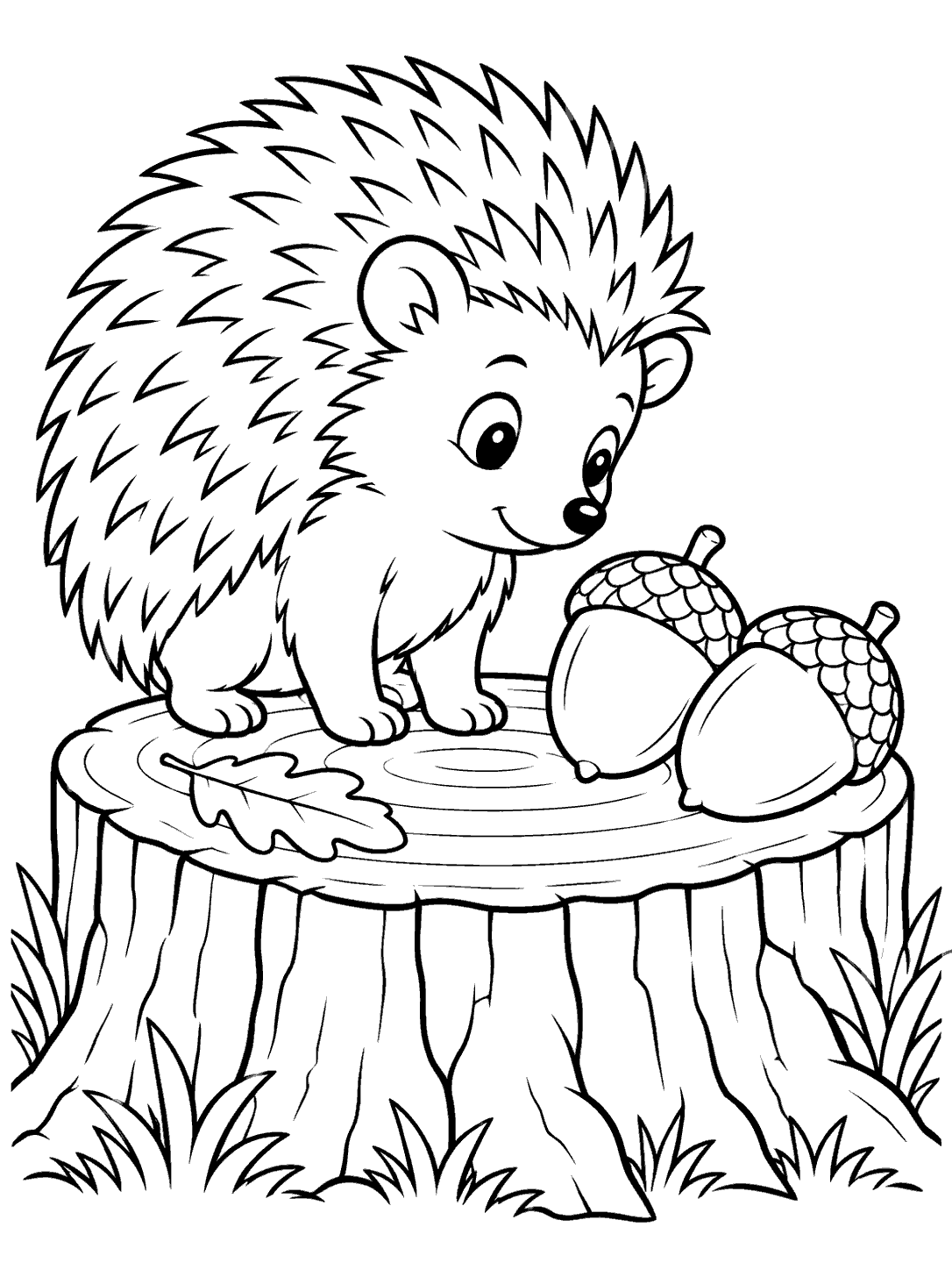 Hedgehog standing on a tree stump beside two acorns coloring page