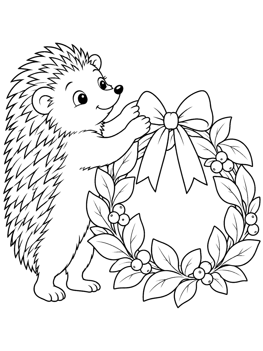 Black-and-white coloring page of a hedgehog standing beside a large leafy wreath and arranging its bow.