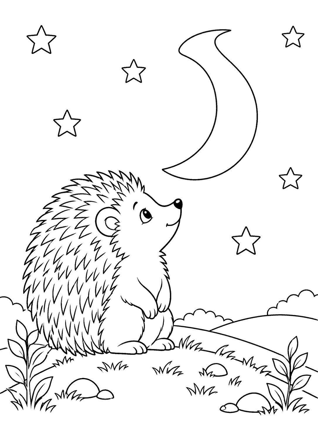 Black-and-white hedgehog coloring page showing a seated hedgehog on a grassy hill beneath a crescent moon and five stars.