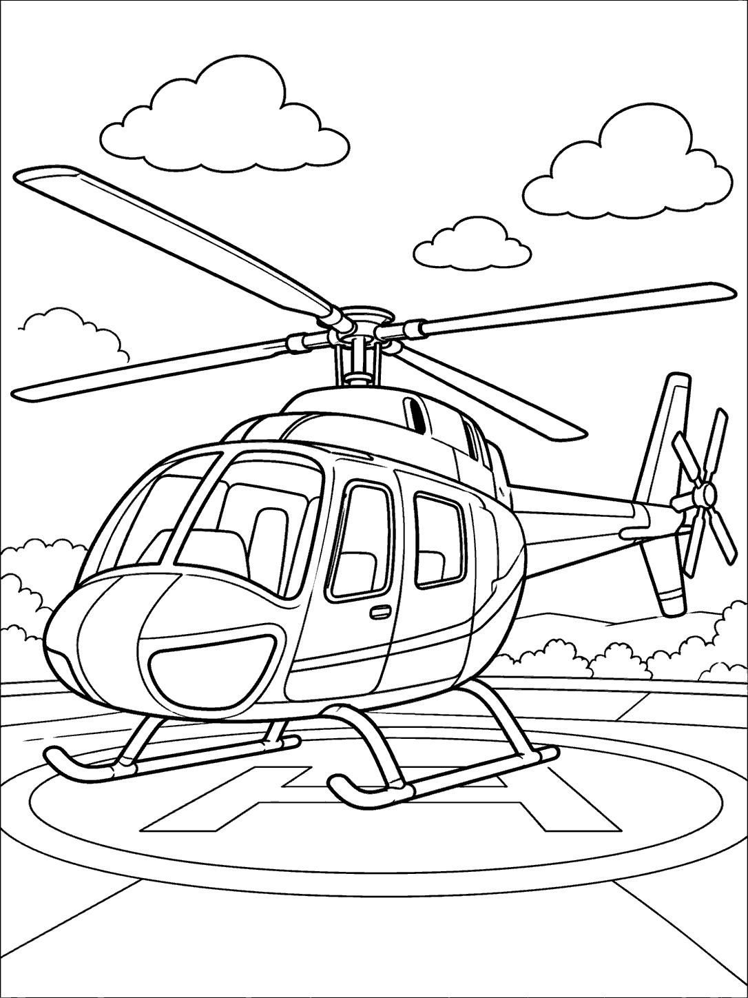 Three-quarter view of a civilian helicopter on a landing pad with clouds