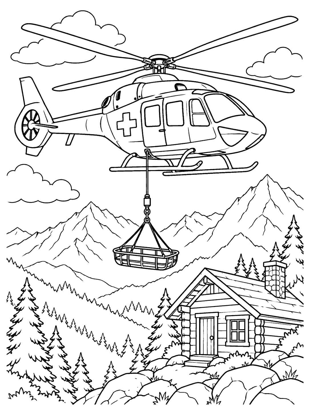 Black-and-white coloring page of a rescue helicopter with a cross hovering above a mountain cabin, with a lowered empty basket, mountain outlines, pine trees, and clouds.