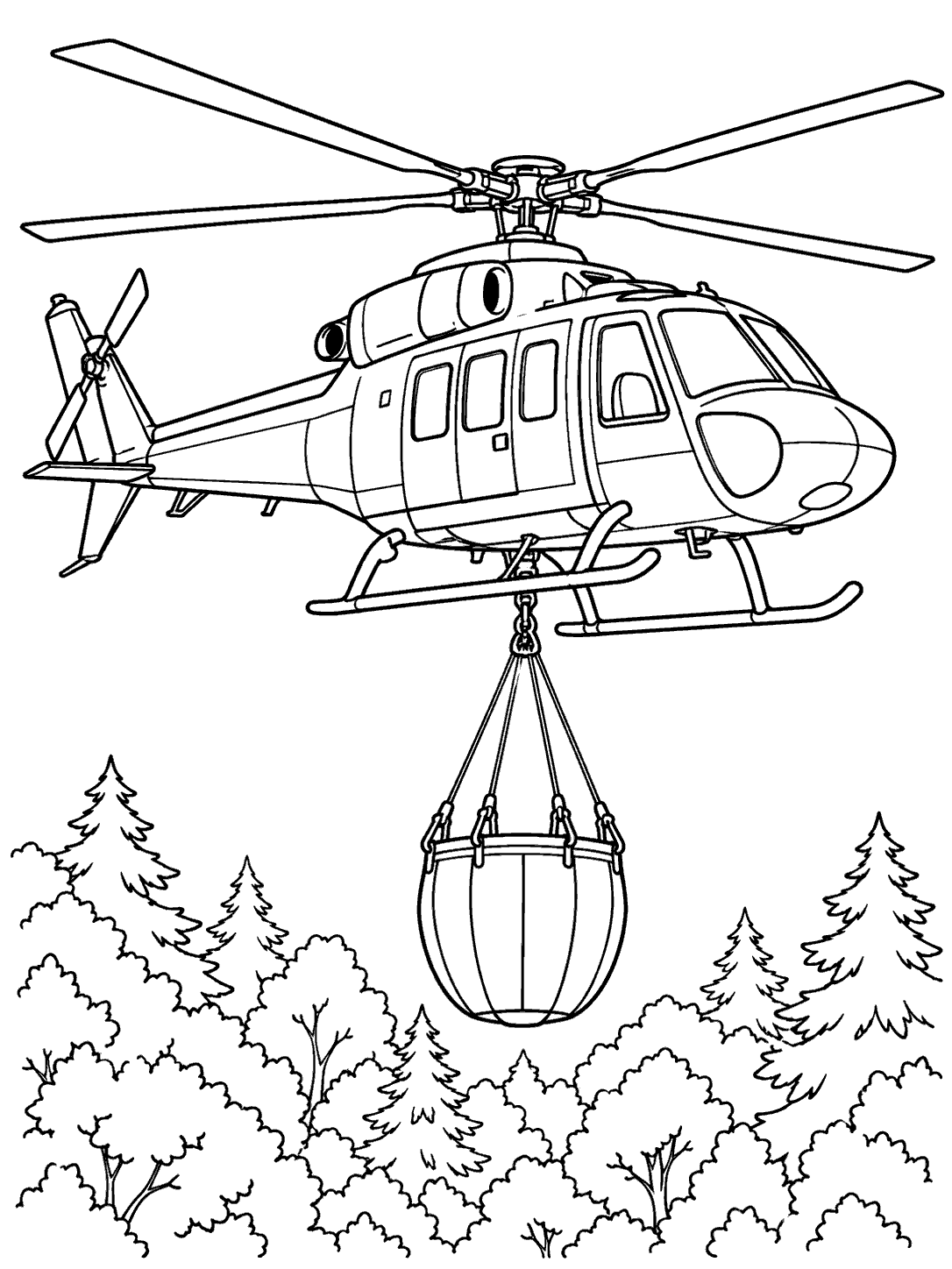 Firefighting helicopter flying above a forest with an empty suspended water bucket