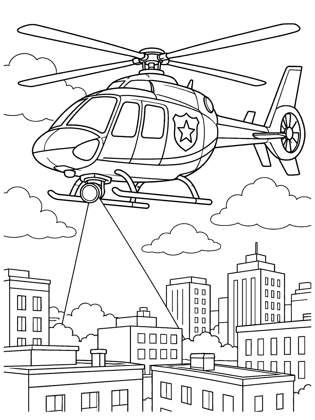Police helicopter with a star badge and downward searchlight above city rooftops, with clouds in the background.