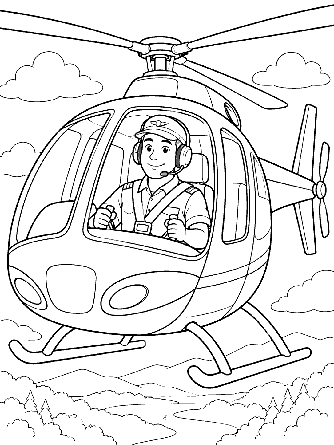 Smiling helicopter pilot wearing a flight cap and headset, seated behind the cockpit windows.