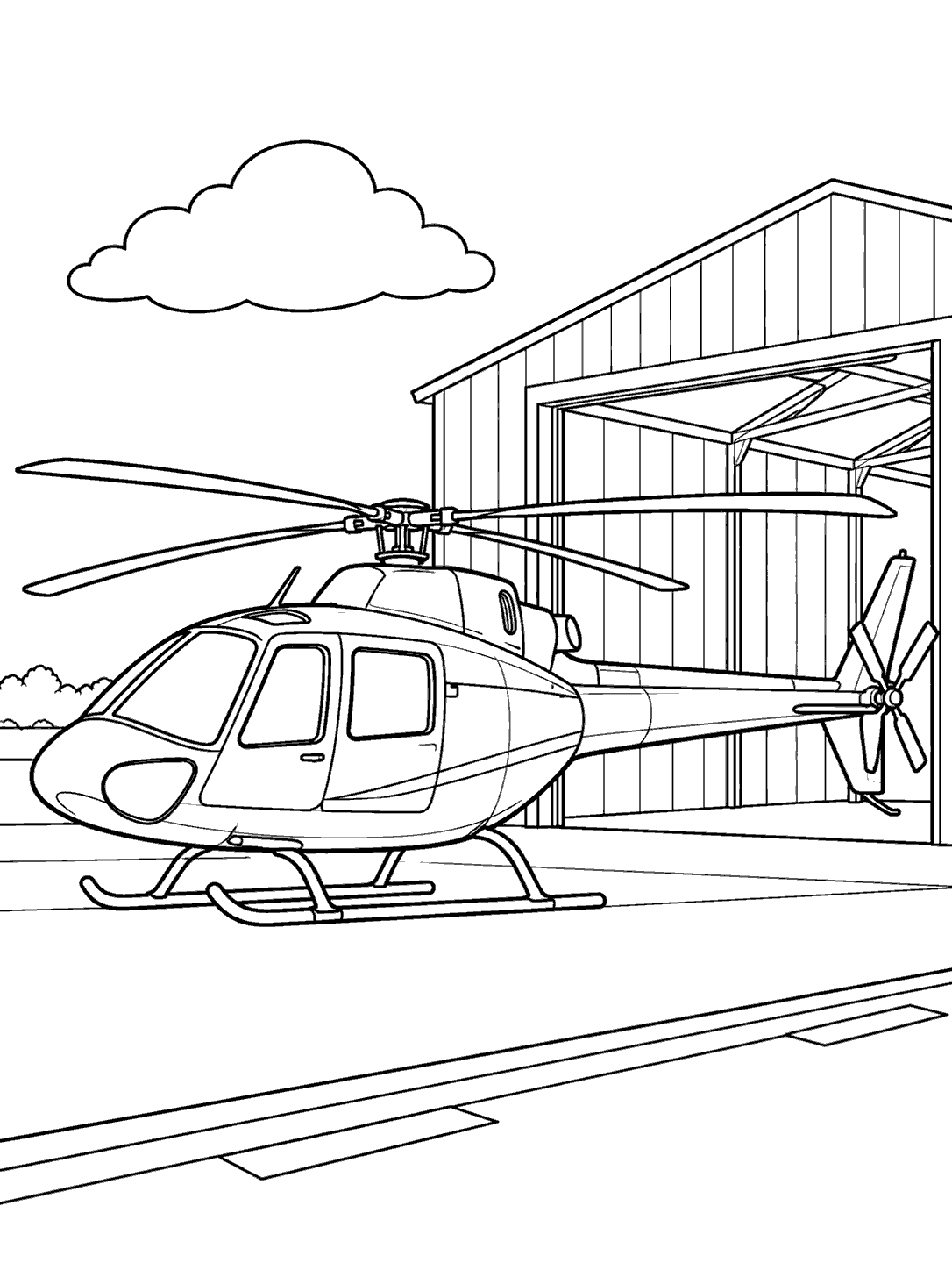 Side-view helicopter parked beside an open airport hangar, beneath a puffy cloud.