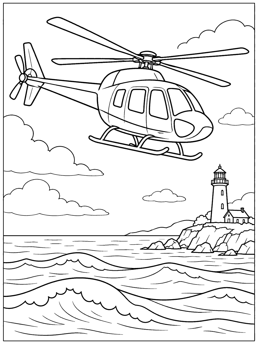 Large helicopter above rolling ocean waves, with a lighthouse on a distant rocky shore and clouds in the open sky.