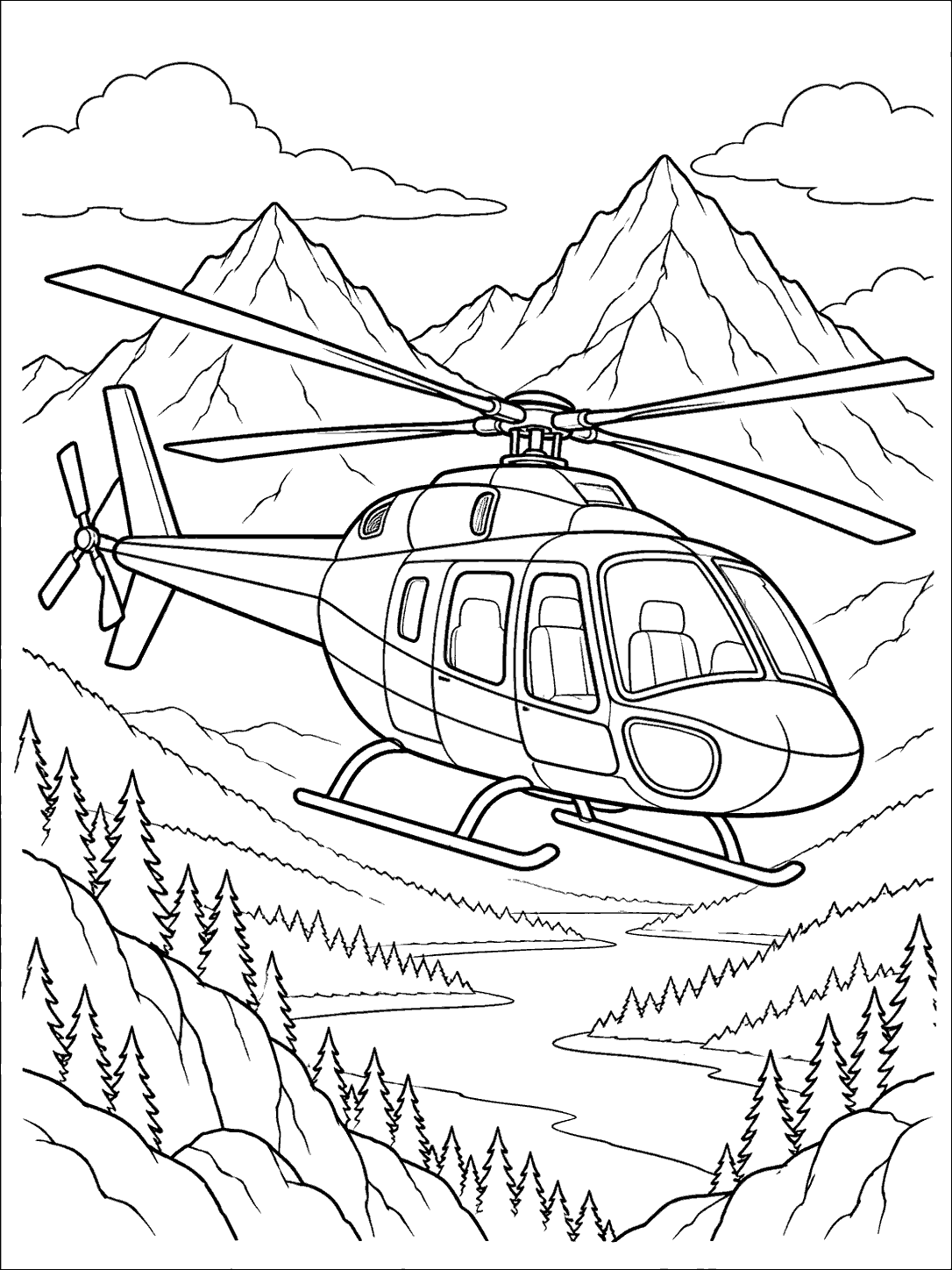 Detailed helicopter flying over a forested mountain valley with clouds and tall peaks