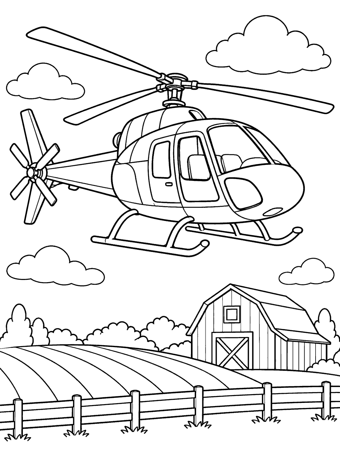 Large helicopter with landing skids flying over a farm with a barn, field rows, fence, and clouds