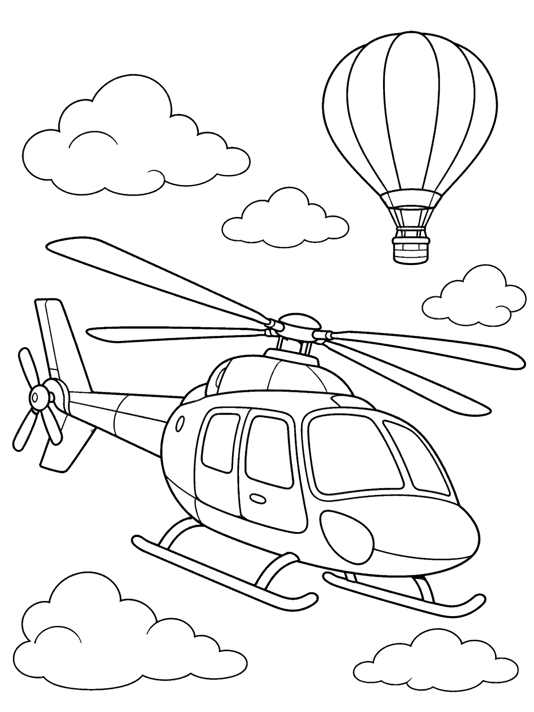 Large helicopter with visible rotors and windows, a distant hot air balloon, and simple clouds in a black-and-white coloring page.
