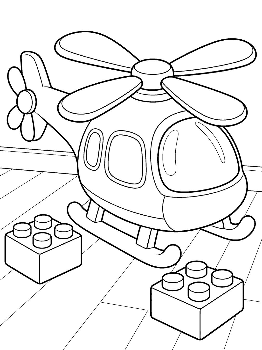 Chunky toy helicopter with rounded rotor blades and oversized windows beside two building blocks