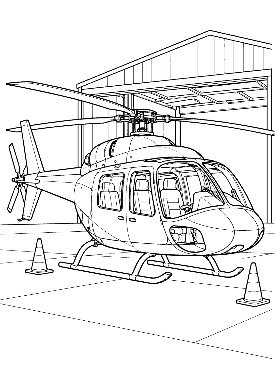 Helicopter parked beside an open hangar and two traffic cones coloring page