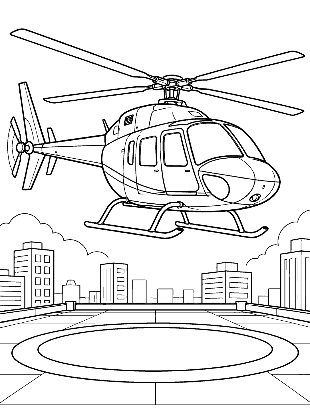 A large outlined helicopter hovering over a circular rooftop helipad, with city buildings in the distance.
