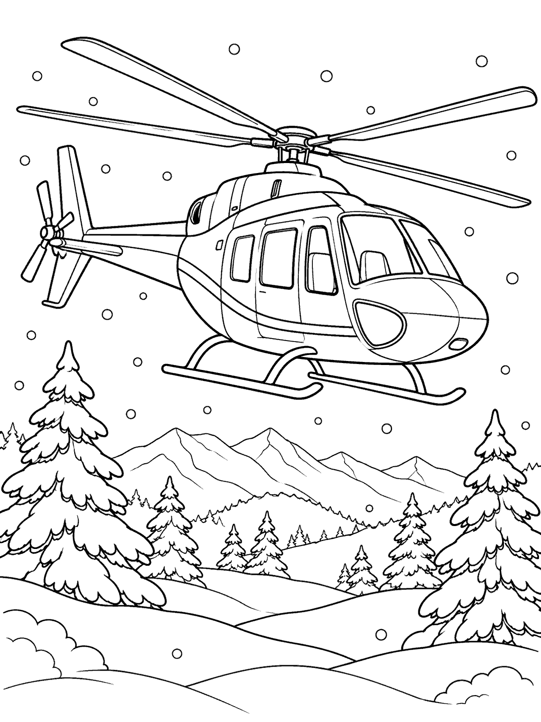 Large helicopter above snowy pines, mountains, and rounded snowbanks, with falling snowflakes.