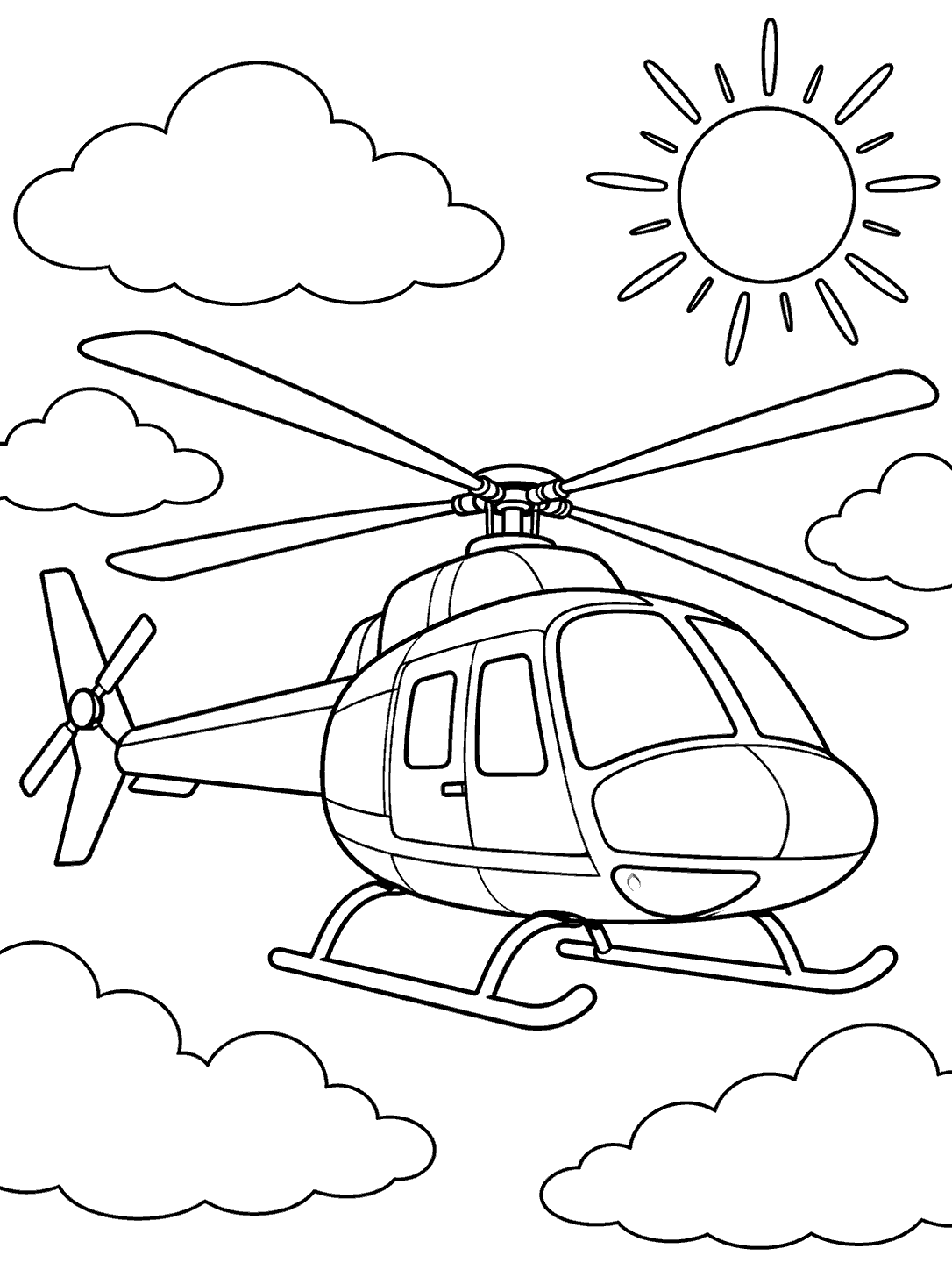 A large outlined helicopter flying among puffy clouds beneath a sun with rays.