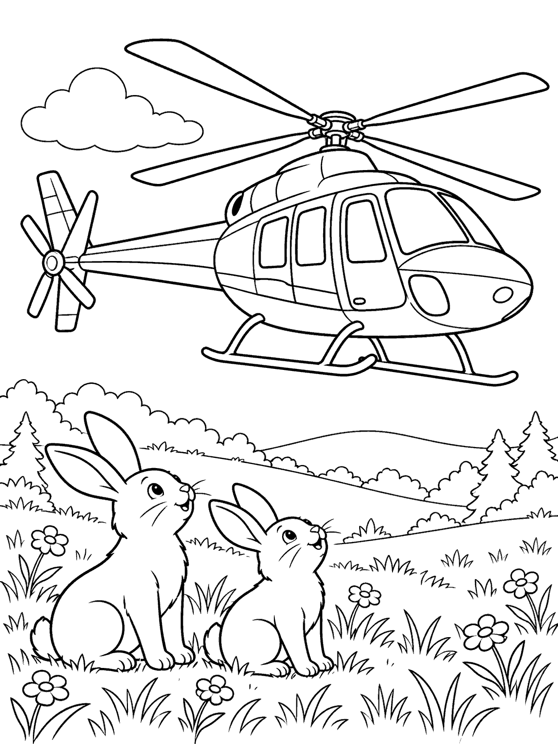 Large helicopter above two rabbits in a meadow with flowers, grass, trees, and a cloud.