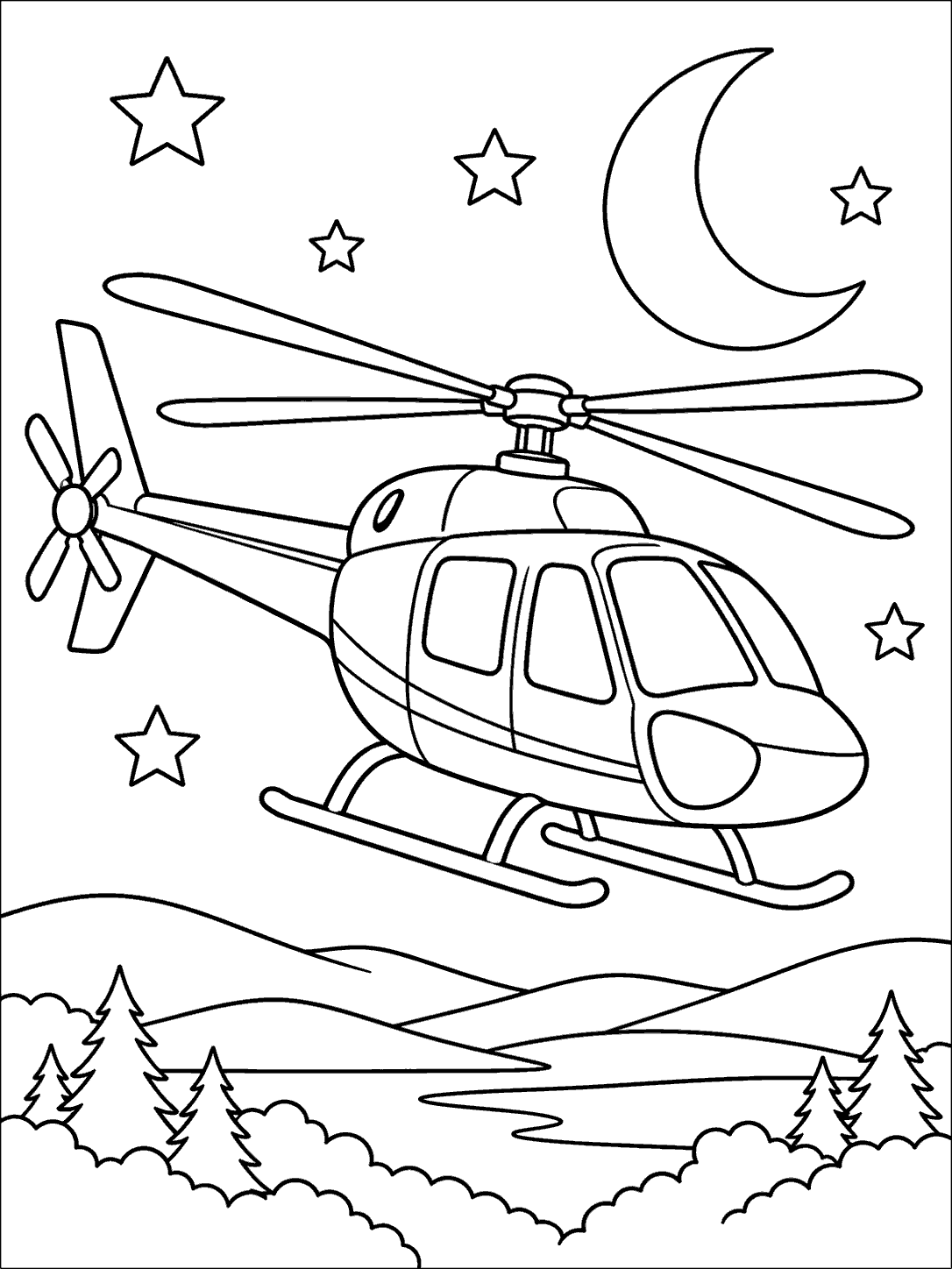 Helicopter under a crescent moon and stars, with distant hills and trees.